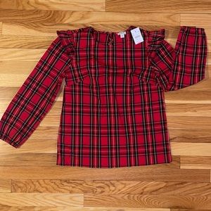 J. Crew “Good Tidings” Plaid Ruffle Sleeve Top